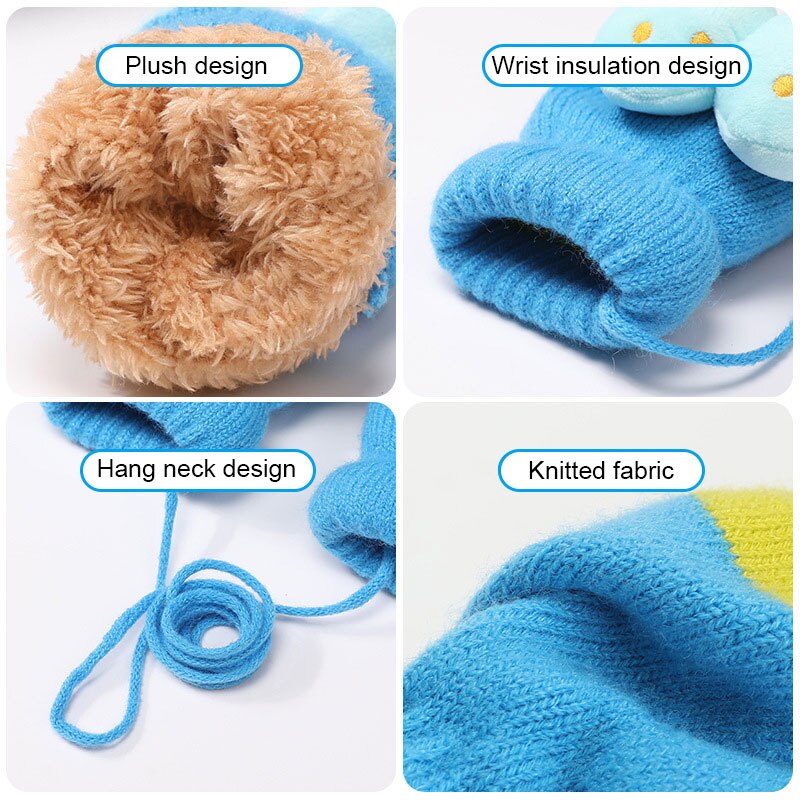 REAKIDS Cute Cartoon Children Gloves 2-5 Years Old Winter Knit Baby Mittens Velvet Thick Children Kids Keep Finger Warm