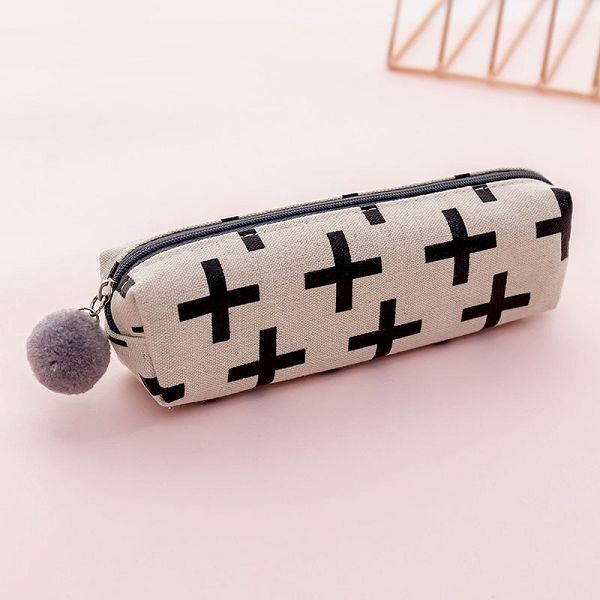 Pencil Case Solid Estuche Escolar Large Capacity Etui Pennen Box Trousse Scolaire Stylo Pencilcase Stripe Canvas Double Zipper: White Cross