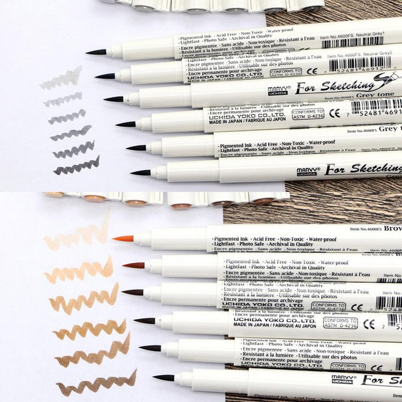 Marvy liner black brush fine line drawing pen marker grey permanent graffiti marker brown tone micron fineliner felt tip pen set