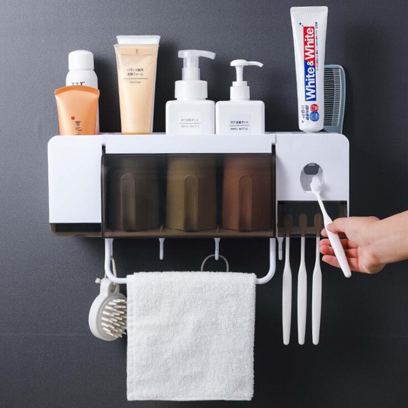 1 sæt automatisk tandpasta dispenser håndklædeholder tandbørstehylde med krog vægmonteret tandpasta presmaskine tilbehør til badeværelset: H213b