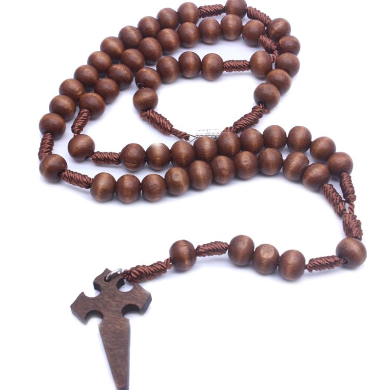 Jezus Houten Gebed Kralen 6mm Rozenkrans Kruis Ketting Hanger Geweven Touw Ketting Sieraden Accessoires Kerk Levert