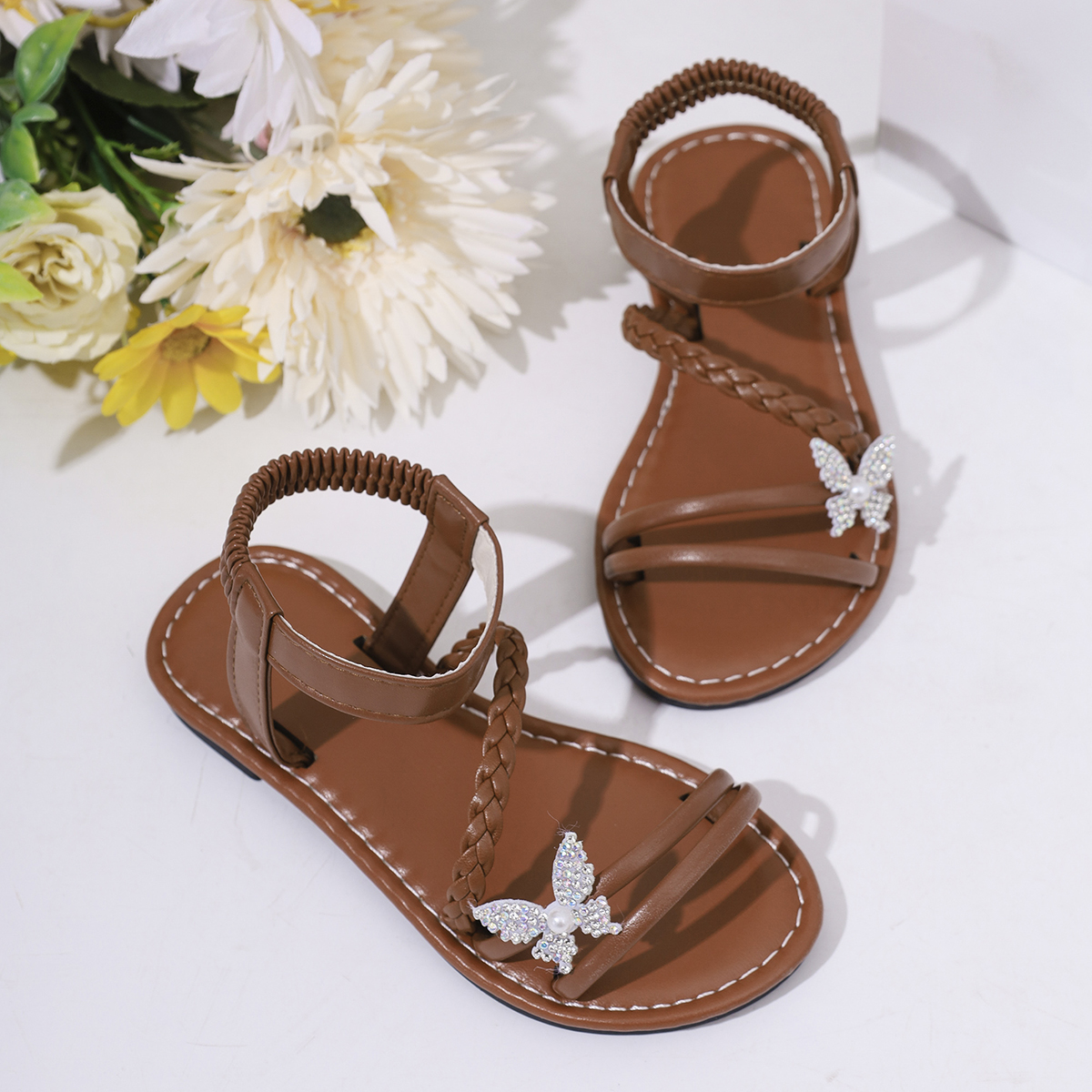 Sandalias cómodas de tejido marrón para niña con lazo de diamantes de imitación, bonitos zapatos de princesa para calzado infantil: 35