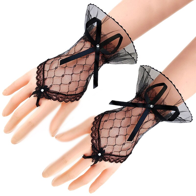 Bow Sleeves Gloves Short Paragraph Lace Clothing Accessories Net Yarn Gloves Dress Half Finger Arm Sleeves Fingerless Gloves: black