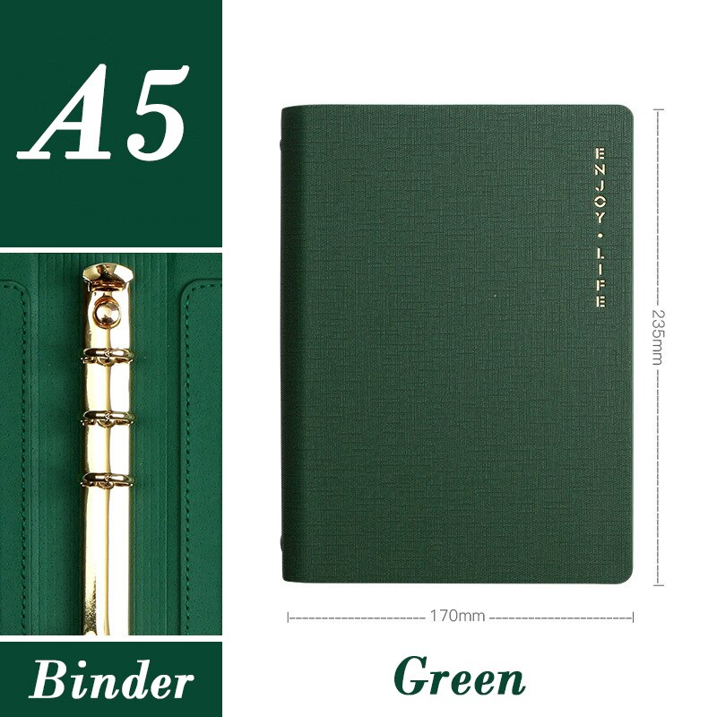 Leather Loose Leaf Binder Spiral office Business affairs High-grade Meeting Notebook 6 Holes Diary planner Agenda Bujo: Green