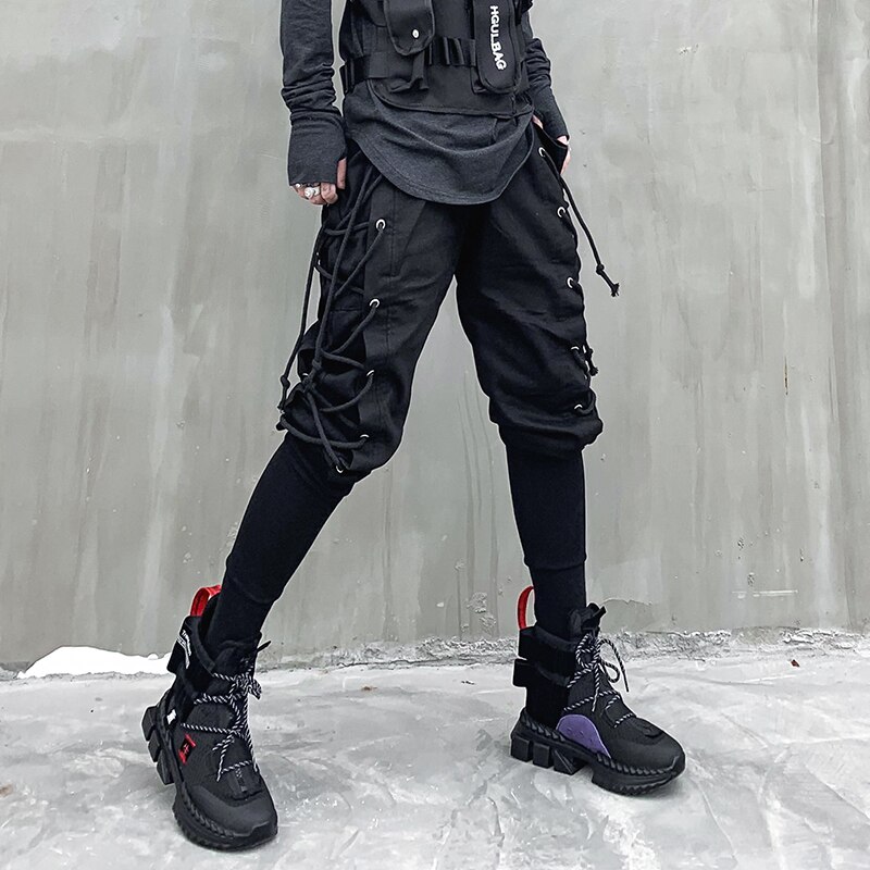 Pantalones de harén para hombre, ropa de calle gótica, Punk, Hip Hop, ajustados, con cordón: S