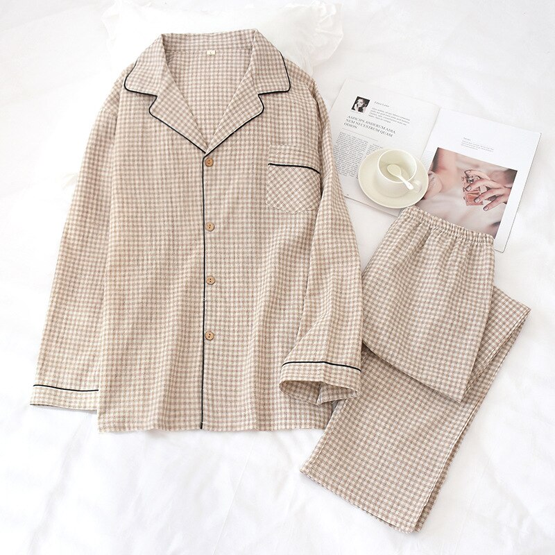 Nowa bawełniana i lniana męska pled koszula nocna z długim rękawem skręcić w dół kołnierz grzywny dorywczo mężczyzn bielizna nocna ekologiczny materiał zestaw piżamy: brązowy plaid / L