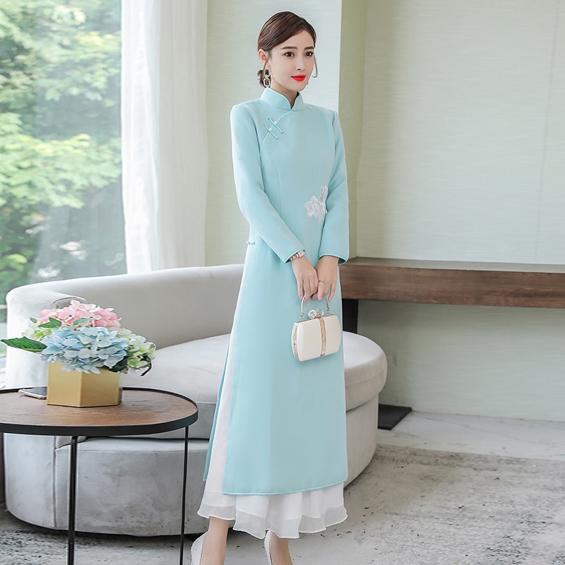 Winter lady party Ao Dai qipao Vietnam style long sleeve dress for women