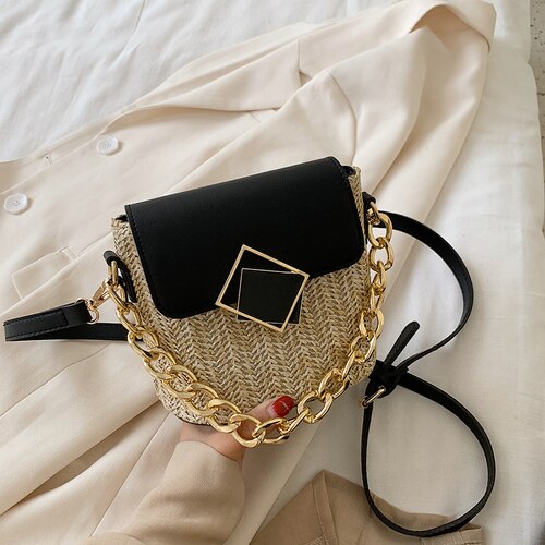 Små halm bøtteposer til kvinner sommer crossbody vesker dame reise vesker og vesker kvinnelig skulderveske: Svart