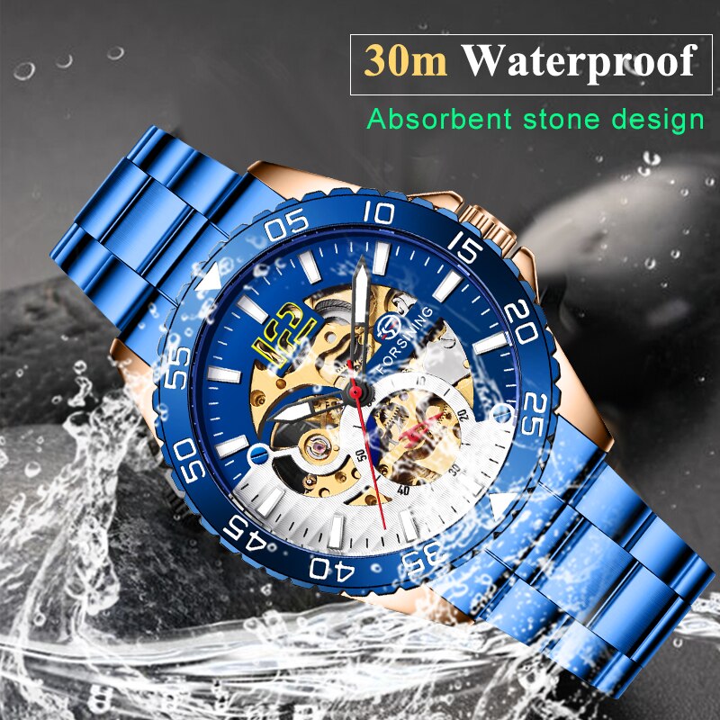 Mode Forsining Heren Sport Automatic Skeleton Horloge Blauw Rvs Mechanische Lichtgevende Waterdichte Horloges