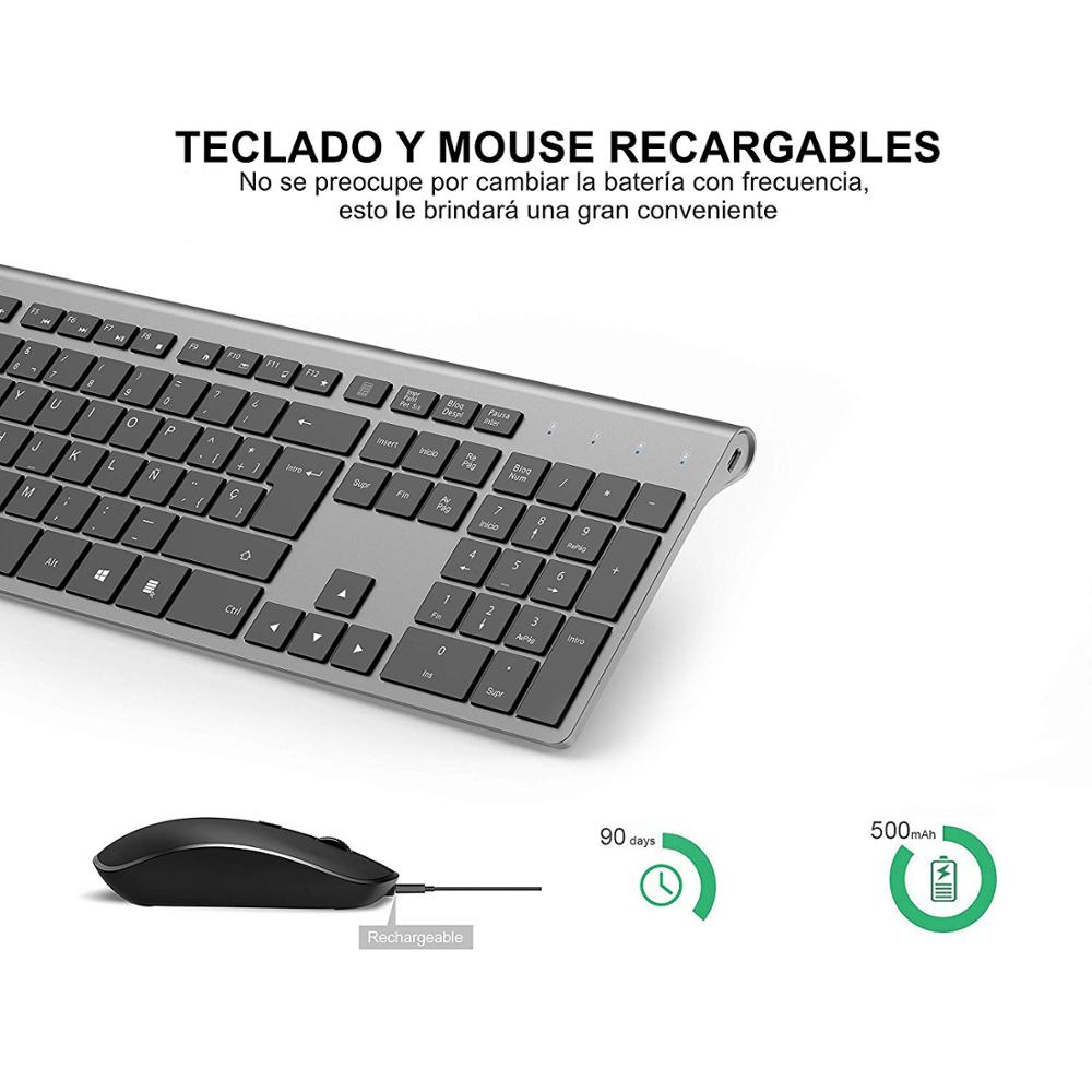 Wireless keyboard and mouse, Spanish layout, rechargeable battery, stable USB connection, suitable for notebook, computer, gray