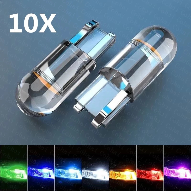 Super brillante 10 Uds W5W 194 T10 carcasa de cristal LED Cob bombilla de coche 6000K blanco verde azul rojo cuña lámpara de matrícula luz de techo