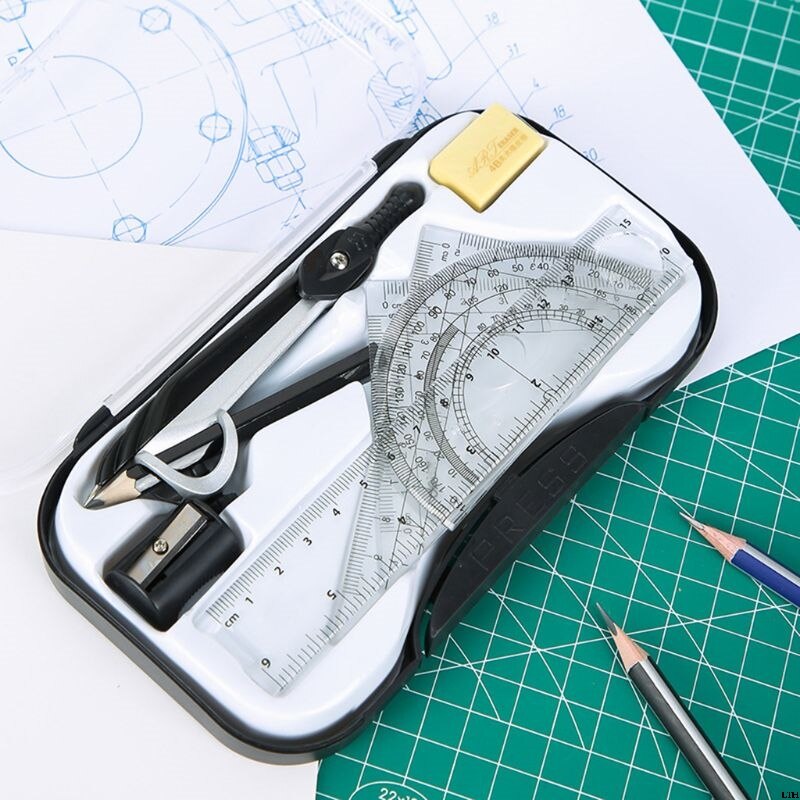 7pcs/set Math Geometry Protractor Drawing Compass Ruler Triangle Math Study Tool Kit School Supplies