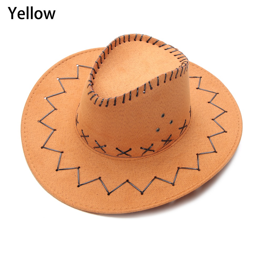 1pc vintage cowboy jazzhat western stil ruskind bredskygge jazz filt fedora kasket fancy dress tilbehør til mænd kvinder: Gul