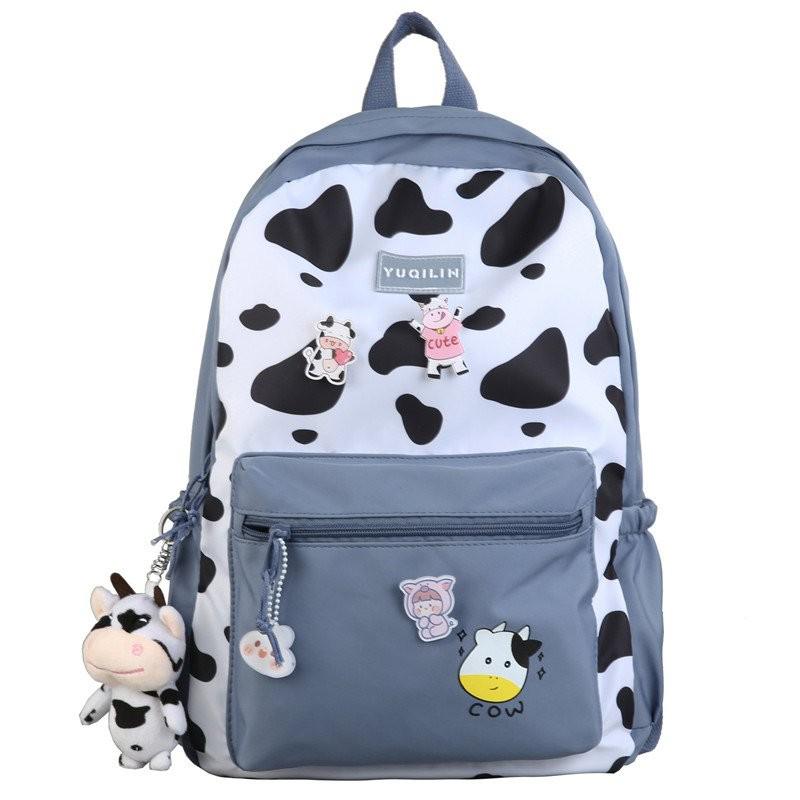 Cow Pattern Nyon Women Backpack Female Lovely School Bag For Teenage Girls Large Capacity Contrast Color Travel Bag Mochila: Blue