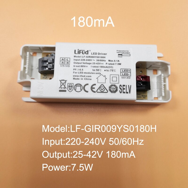 LiFud LED driver LF-GIR009YS LF-GIR013YS series 25-42V 135mA 160mA 180mA 200mA 250mA 300mA 350mA CE CB TUV SAA RCM Certification: LF-GIR009YS0180H