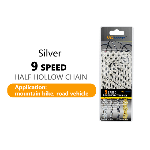 Vg sport cykelkedja 6 7 8 9 10 11 speed 8s 9s 10s 11s velocidade titanium regnbåge guld mtb mountain road cykelkedjor delar: Silver 9 hastigheter