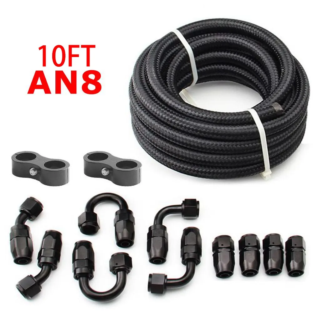 10ft An6/An8/An10 Olie Brandstof Fittingen Slang Einde 0 45 + 90 + 180 Graden Olie Adapter Kit Gevlochten Olie Brandstofslang Lijn 3M Zwart Met Klemmen: MULTI