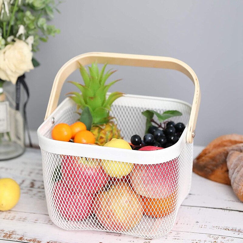 Metal Storage Basket with Wood Handle Organizer Bin Stackable Rustic Farmhouse Basket Bowl for Kitchen Pantry