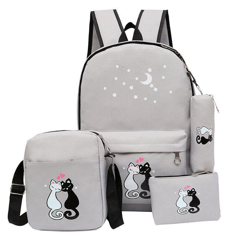 Mulheres Mochila Gato Lona Impressão Mochilas Escolares Para Adolescente Meninas Estilo Preppy 4 pçs/set Mochila Bonito Saco de Livro Mochila Feminina: gray