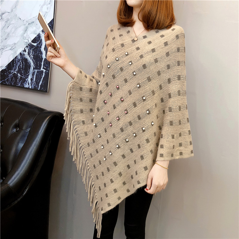 Plus løse oversized beading perler kvast poncho flagermus ærme kappe sweater strik wrap pullover party ol chaqueta: Lys kaki som foto
