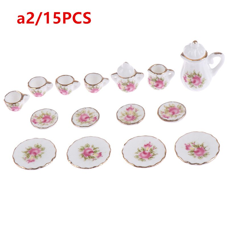 15Pcs 1:12 Miniature Porcelain Tea Cup Set Chintz Flower Tableware Kitchen Dollhouse Furniture Toys For Children: a2