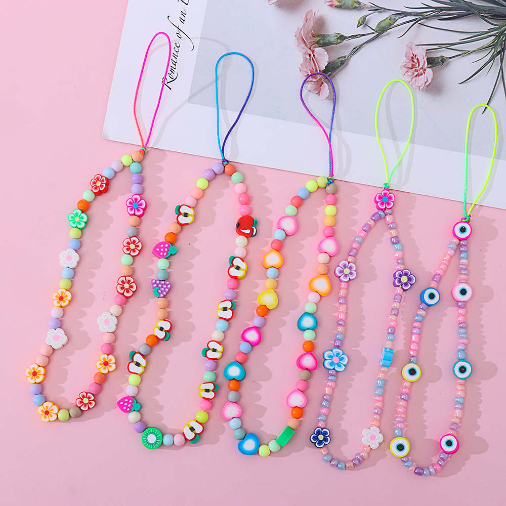 Zomer Kleurrijke Zachte Klei Mobiele Telefoon Keten Lanyards Voor Vrouwen Meisjes Bohemen Smile Pearl Touw Voor Telefoon Case Opknoping koord