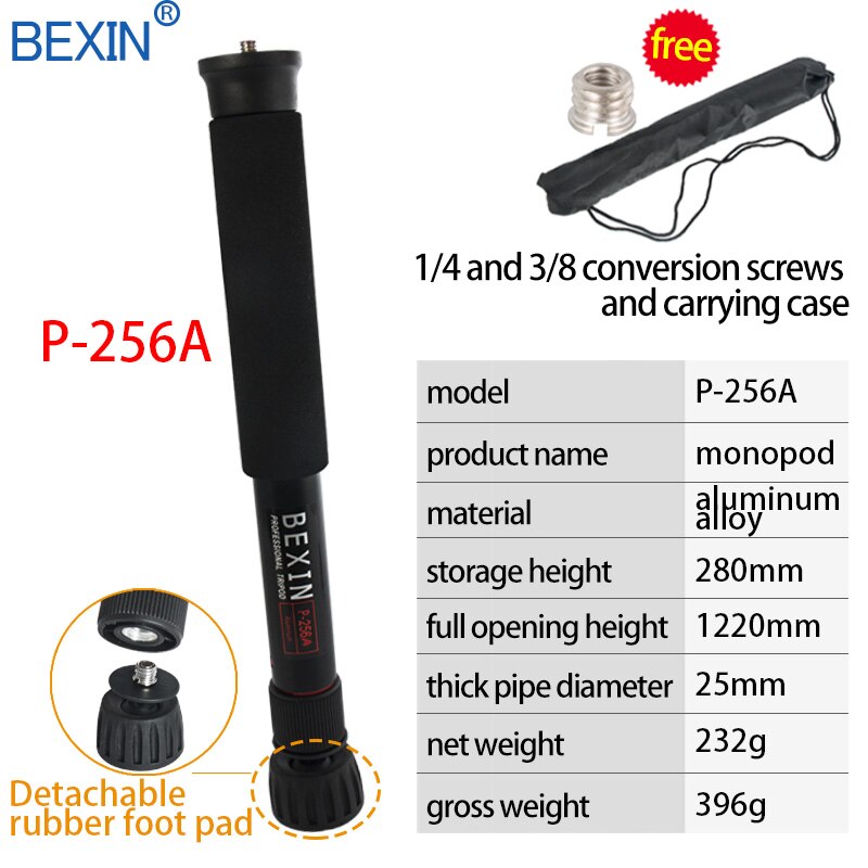 Bexin-mini tripé portátil para câmera, leve, monopé, 122cm, comprimento de expansão, suporte de tripé, material de alumínio, câmera dslr: P-256A-C