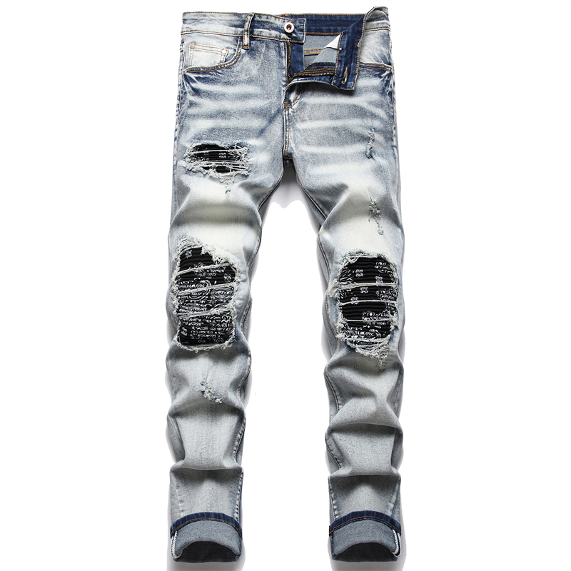 Pantalones vaqueros Retro azules rasgados para hombre, pantalones ajustados elásticos de , versátiles, con estampado de barba de gato: 6606 / 30
