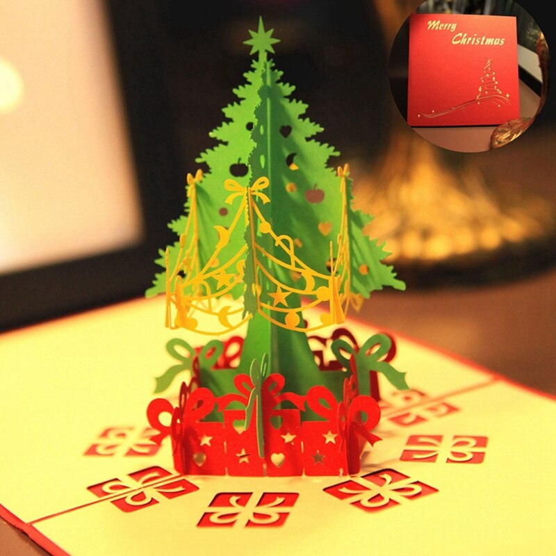 Kerst 3D Papier Carving Hollow Postkaart Kleine Kaart Kerstboom Wenskaart Kerst Wenskaart