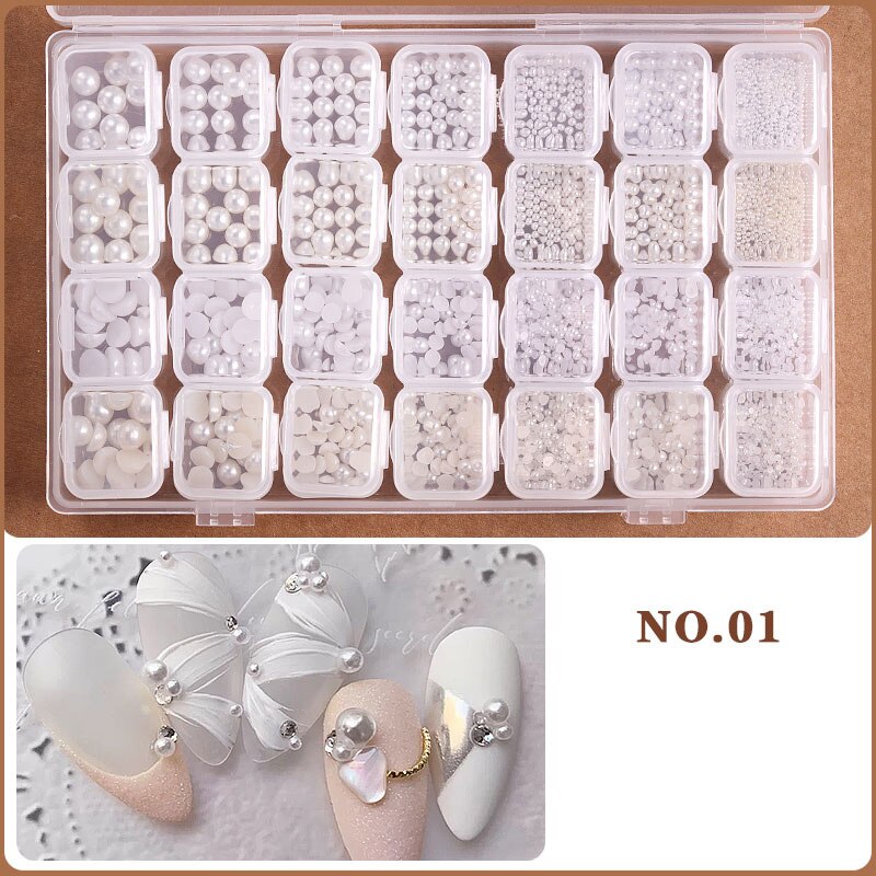 Ensemble d'accessoires pour ongles à 28 grilles, poire/métal/coque/résine/cristal strass pour manucure/bricolage, Kit de décorations pour Nail Art # DXM12: 28 grids jewelry-01