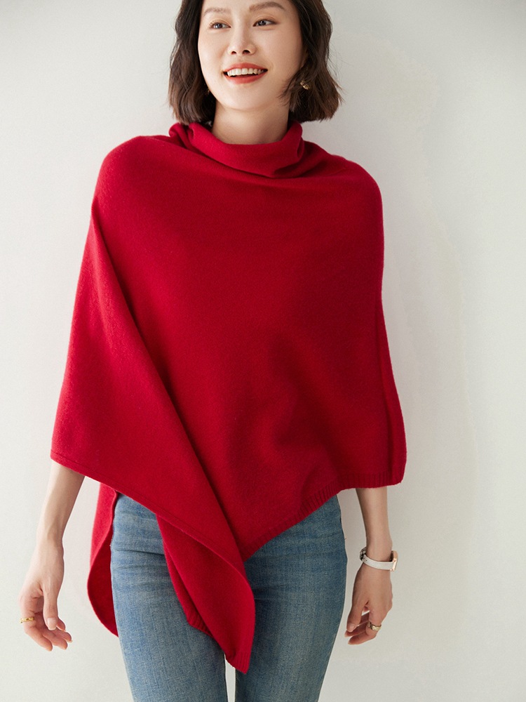 100% Merino Wool Knitted Shawl Cape Knitted Soft Warm Wollen Irregular Cloak Batwing Sleeve Loose Turtleneck Pullover Pashmina