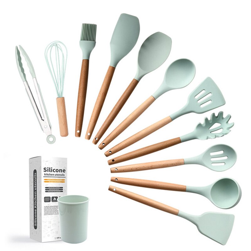 Silicone Cooking Tools Kitchen Utensils Set Heat Resistant Kitchen Non-Stick Cooking Utensils With Storage Box: Dark green