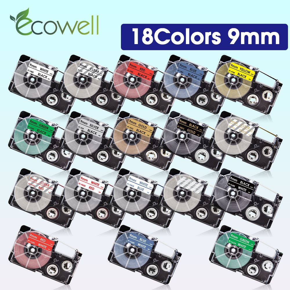 Ecowell 18 kolorów 9mm XR-9WE XR 9WE dla Casio XR-9X XR-9RD XR-9BU XR-9YW XR-9GN taśma z etykietami do Casio KL-60 KL-120 KL-100 KL-200