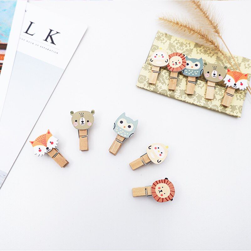 10 stuks/pak kawaii leeuw vos houten clip cartoon foto clips diy wasknijper knutsel decoratie clip met henneptouw