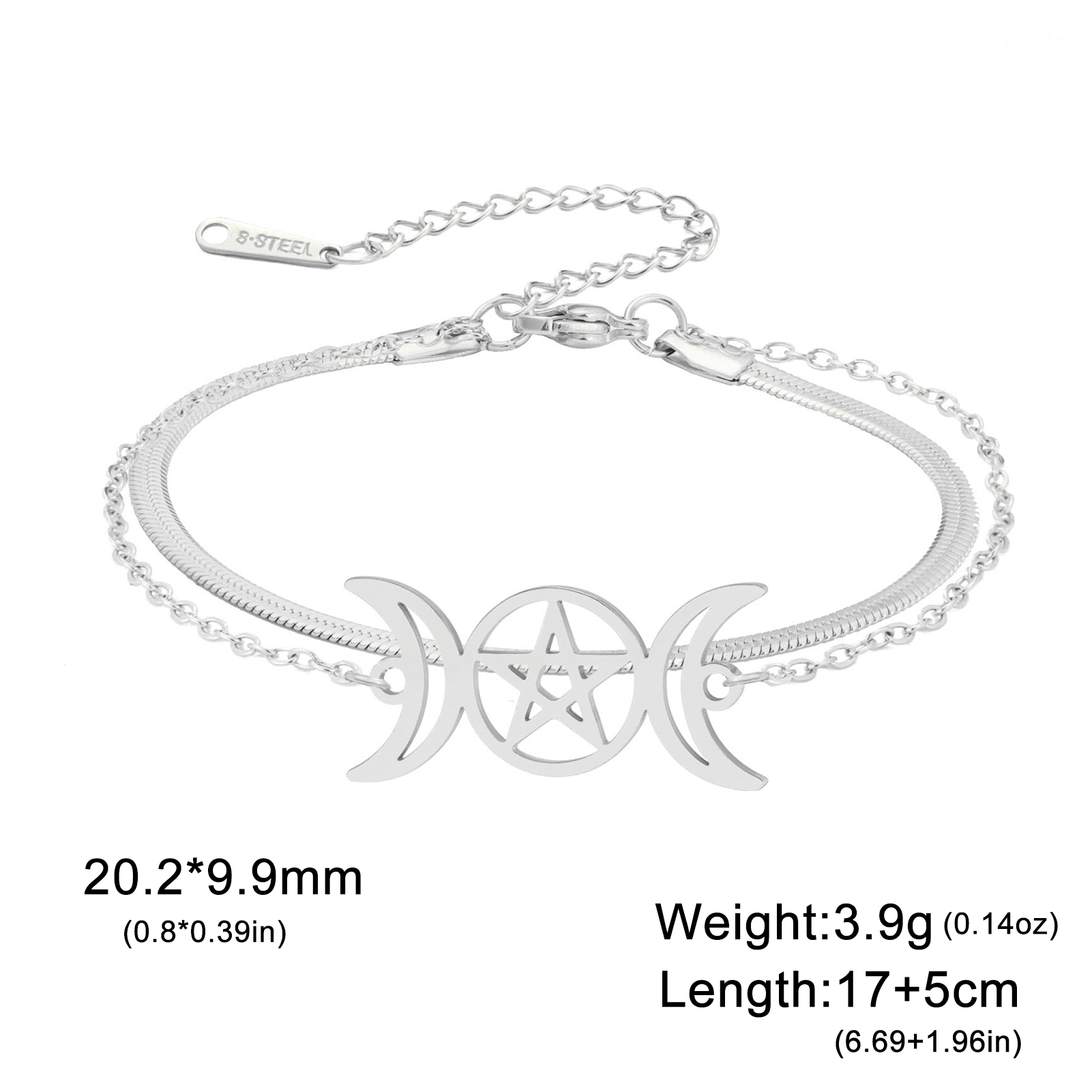 COOLTIME Triple Moon Goddess Bracelet for Women Men Stainless Steel Pentagram Magic Wicca Amulet Bracelet Jewelry Birthday: Light Yellow Gold Color