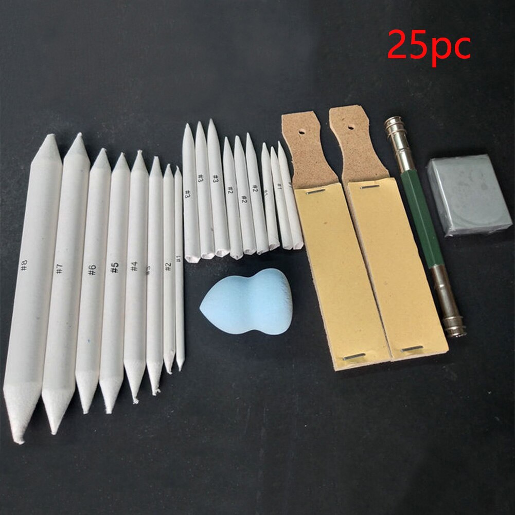 25pcs Smudge Stick Pastel Paper Charcoal Erasable Tortillon Sandpaper Pencil Set Sharpen Art Sketch Tools Portable