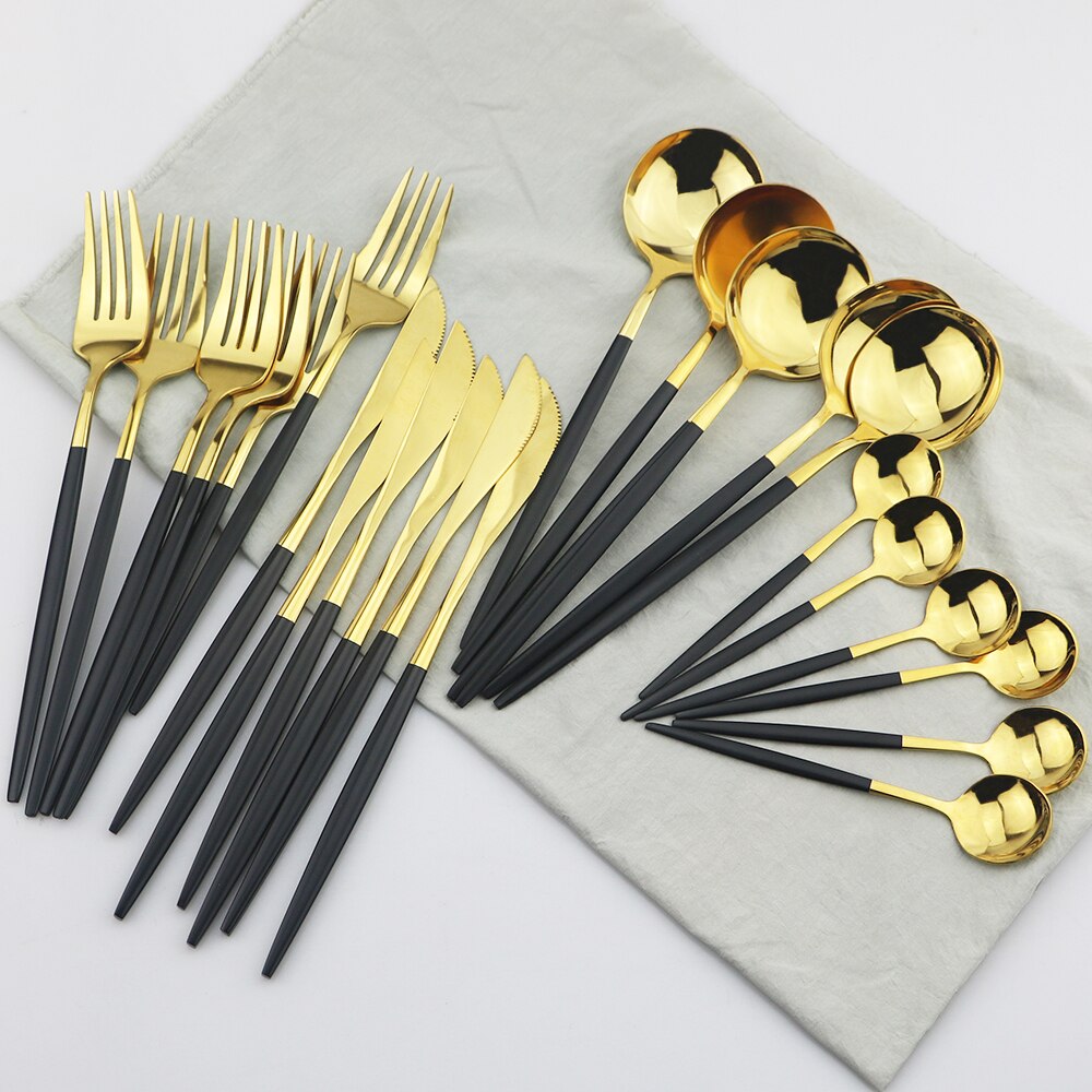 24Pcs/set Rose Gold Cutlery Set 18/10 Stainless Steel Dinnerware Set Knives Forks Spoons Dinner Set Kitchen Tableware Silverware