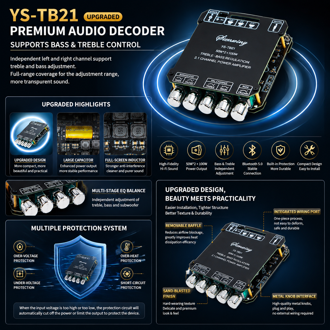 BT5.0 2.1CH Digital Amplifier Board 100W*2+100W Subwoofer Stereo Amp Treble Bass Control AUX 12/24V DIY Home Speaker Module