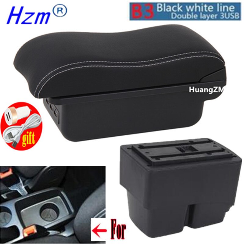 For Ford Fiesta Armrest box For Ford Fiesta MK7 central Store Centre Console box with USB LED light: B3 style white lines