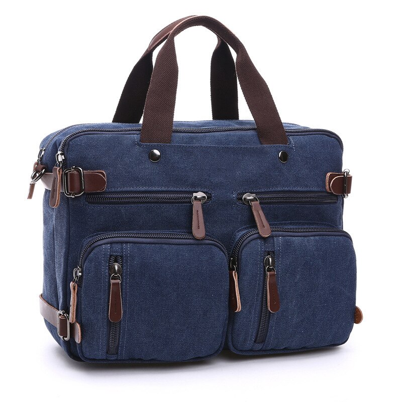 Retro Männer Leinwand Tasche Leder Aktentasche Reise Koffer Messenger Schulter Tote Zurück Handtasche Große Casual Business Laptop Tasche: Blau