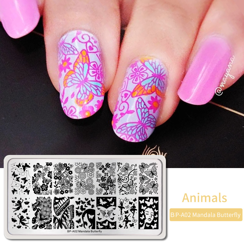 BORN PRETTY-placas para estampación, plantillas de estampado con motivos de animales bonitos, mariposas, manicura rectangular, impresión DIY de placas para uñas