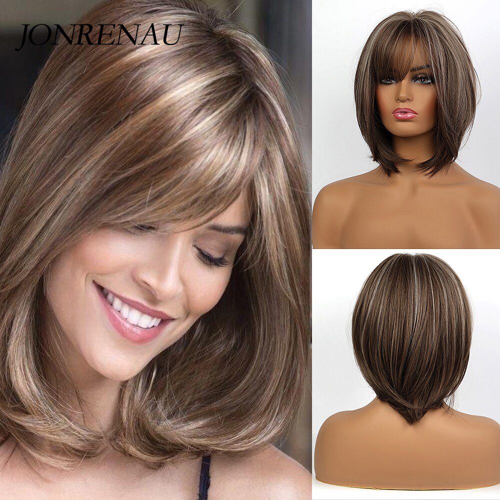 Jonrenau 8 tommer syntetisk kort lige paryk lys blonde brune parykker med pandehår pixie cut parykker til hvide sorte kvinder: Ss164-2