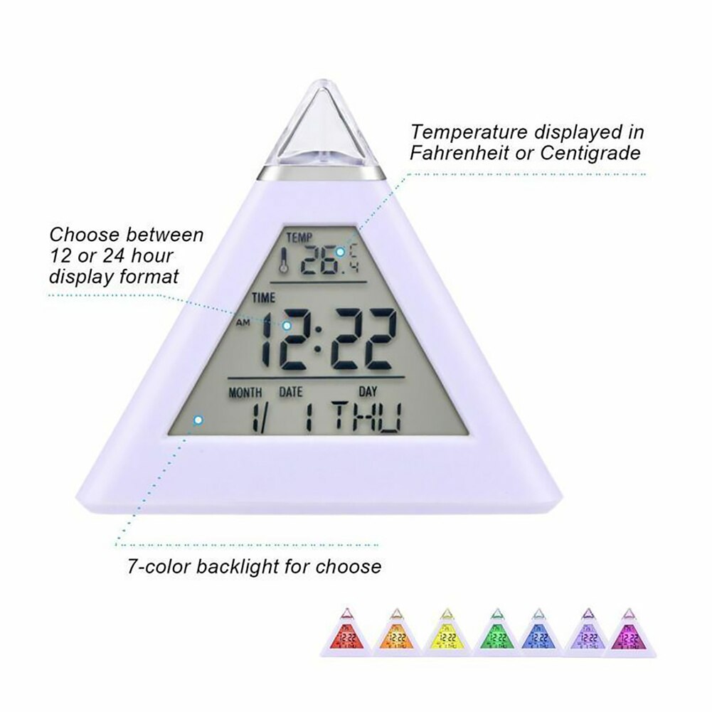 Tafel Klokken Driehoekig 7 Kleuren Veranderende Led Temperatuur Week Display Digitale Wekker Piramide Decor