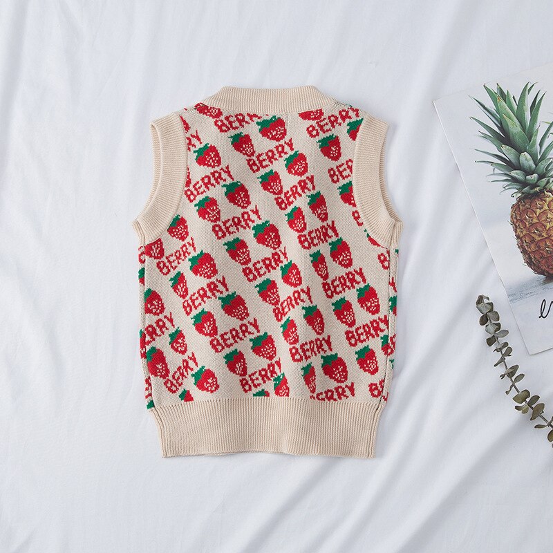 1-7t efterårs børn bomuld strik cardigan baby piger drenge ærmeløs sweater børn strik vest jordbær print pige sweatere