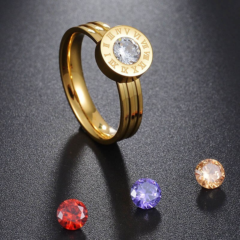Letdiffery rustfrit stål romerske tal kvinder ringe 4 udskiftelige cz sten bryllup smykker til forlovelse: 11 / Guld
