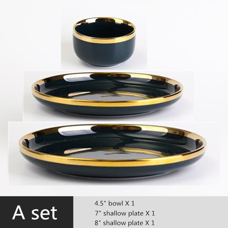 Gilt Rim Dark green Plate Steak Food Plate Nordic Style Tableware Bowl Ins Dinner Dish High End Porcelain Dinnerware Set: A set