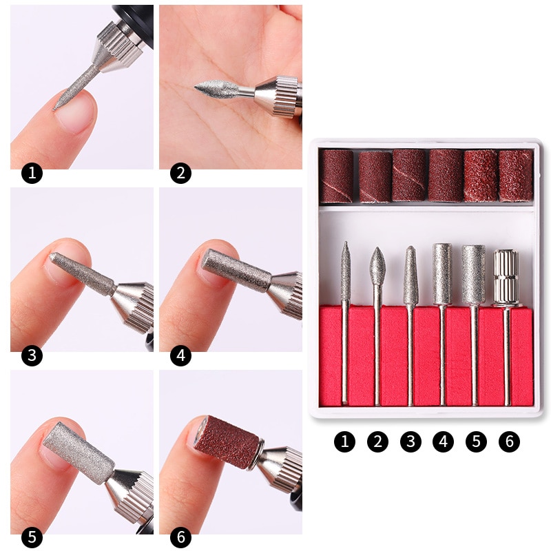 Máquina de clavos eléctrica con carga USB de 5 tamaños de 20000 RPM, taladros para quitar esmalte, pedicura, 6 uds, archivo enarenado de uñas, bandas para arte de uñas