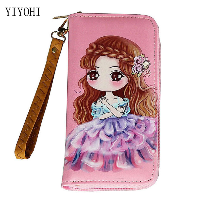 Lovely Women Girl Long Cartoon Raffiti Wallet Bag with Strap Card Holder Coin Purse Change Wallet Zip PU Leather Letter Handbags