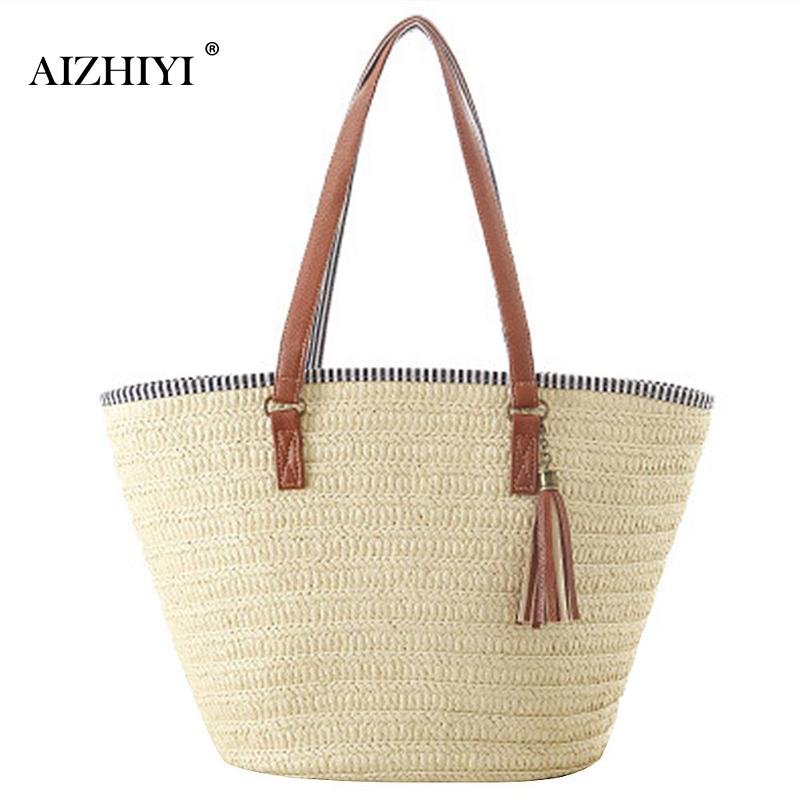 Frauen Einfache Stroh Handtasche Schulter Tasche Quasten Tote Sommer Strand Zipper Einkaufs Crossbody Reise Umhängetasche 3 Stil: Beige