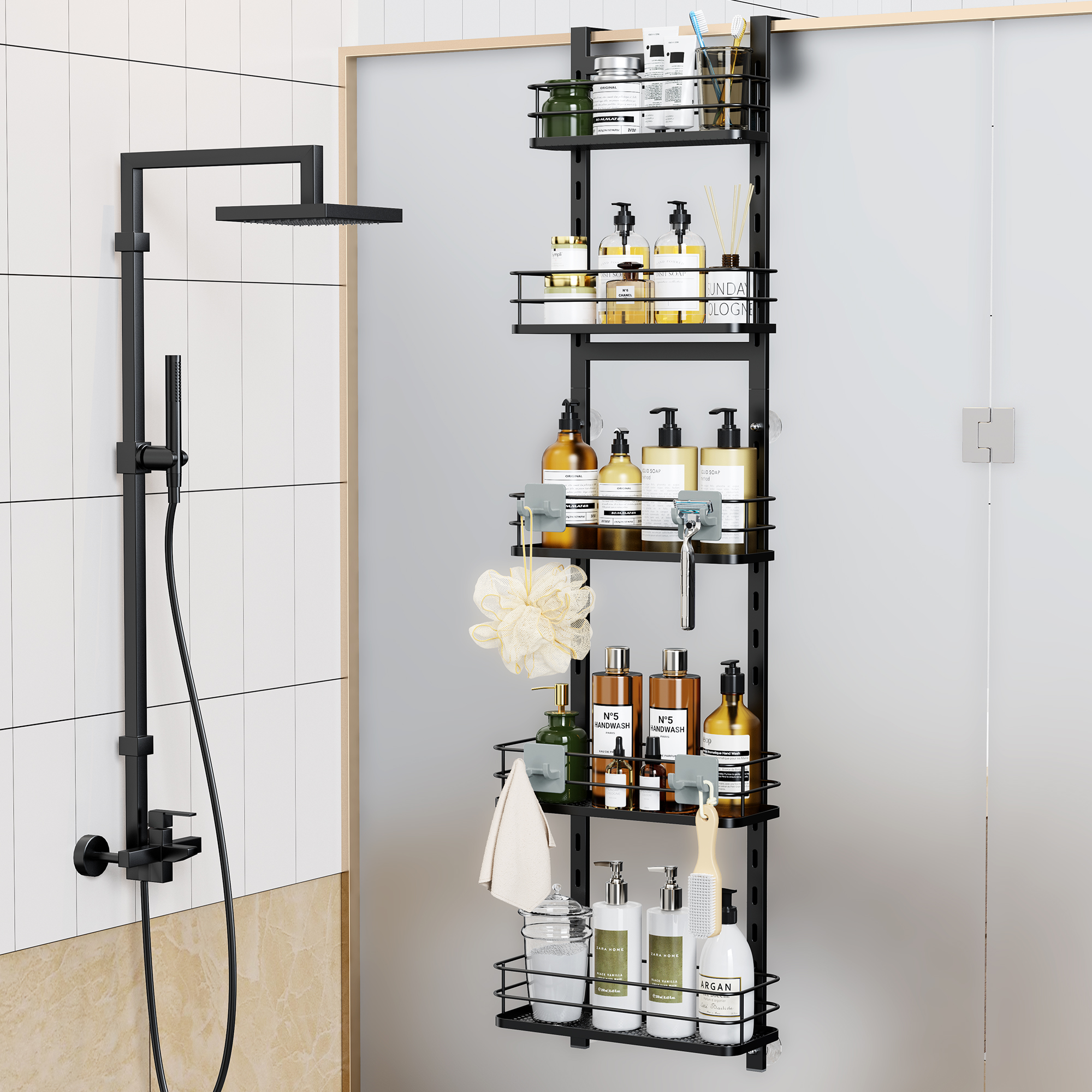 Estantes de hierro multicapa para baño, estante de almacenamiento colgante sobre la puerta sin perforación, cesta negra para ducha, soporte organizador de champú
